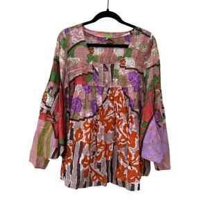 Aoyama Itchome Pleated Floral Bishop Sleeve Blouse Top Size Large